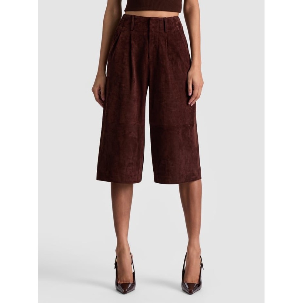 $1695 Alice + Olivia Eloise Brown Suede Wide Leg short pants Lamb Leather Sz 6
